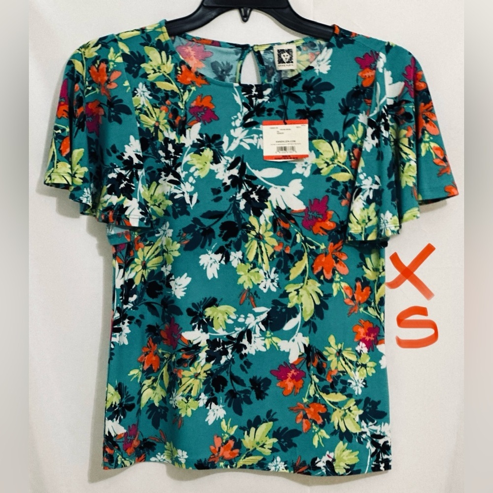 LADIES BLUE TOP WITH LIME, ORANGE & RASPBERRY FLOWERS